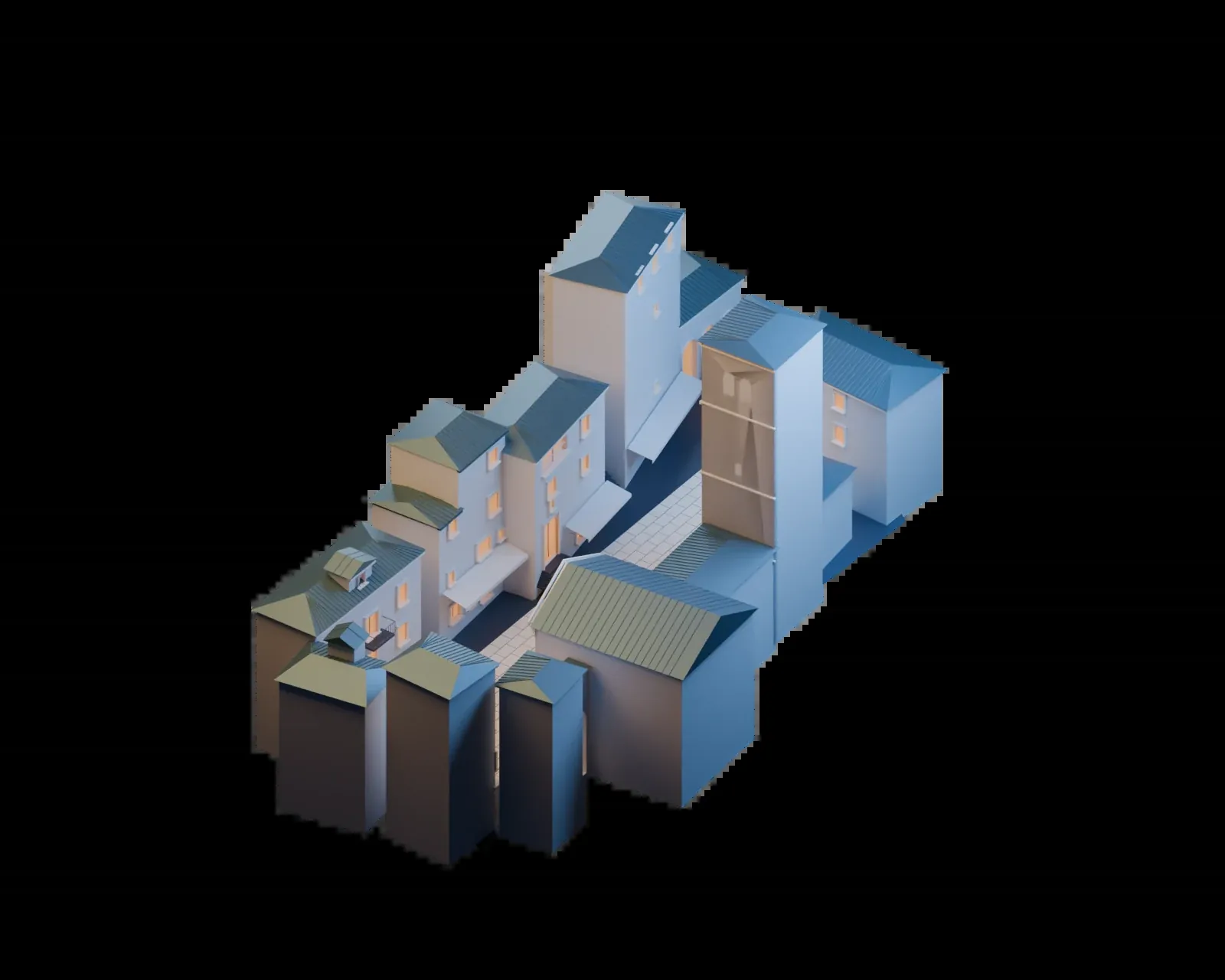 Digital model of the square in Lovran lit in gold and blue